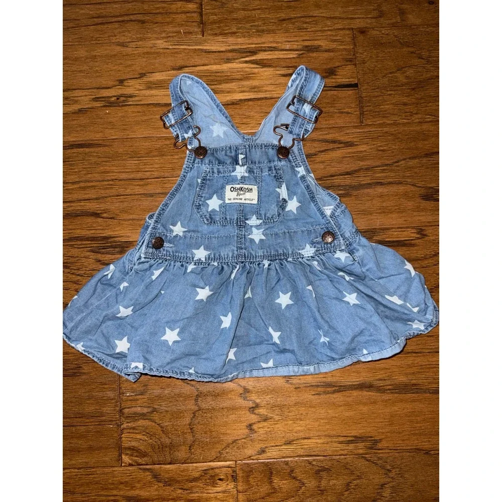 OshKosh Bgosh Baby Girls Blue Denim Star Print Overall Dress Jumper 6M